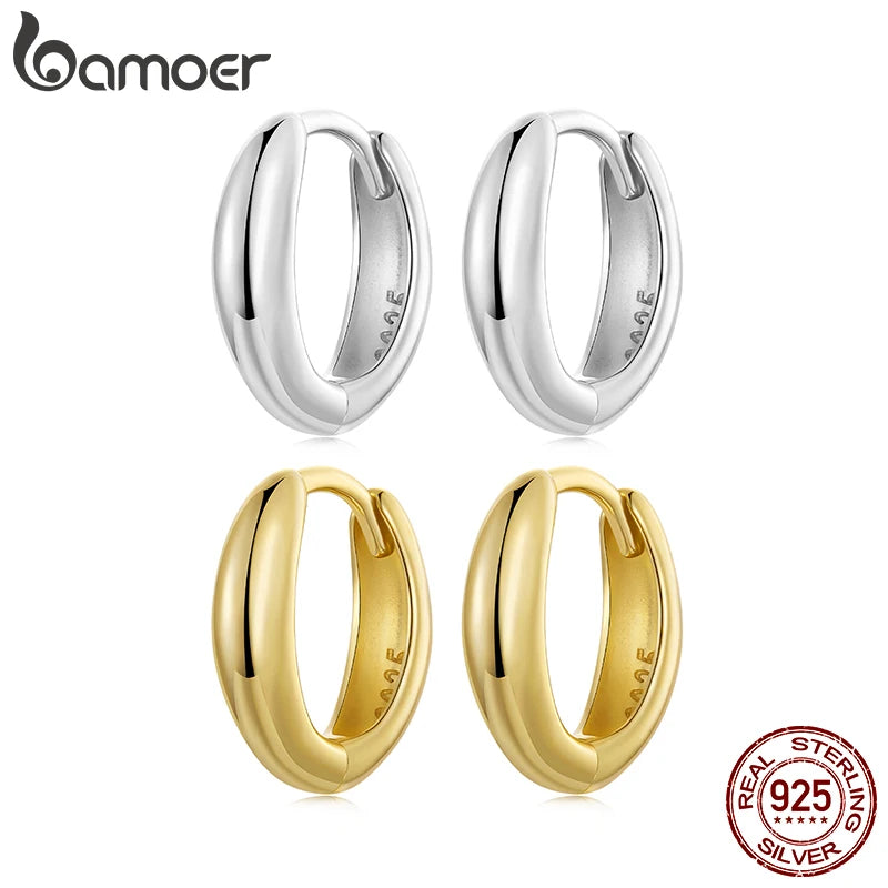 BAMOER 925 Sterling Silver Glossy Ear Cuff for Women, 18K Gold Geometric Metallic Huggies Earrings Minimalist Daily Jewelry Gift