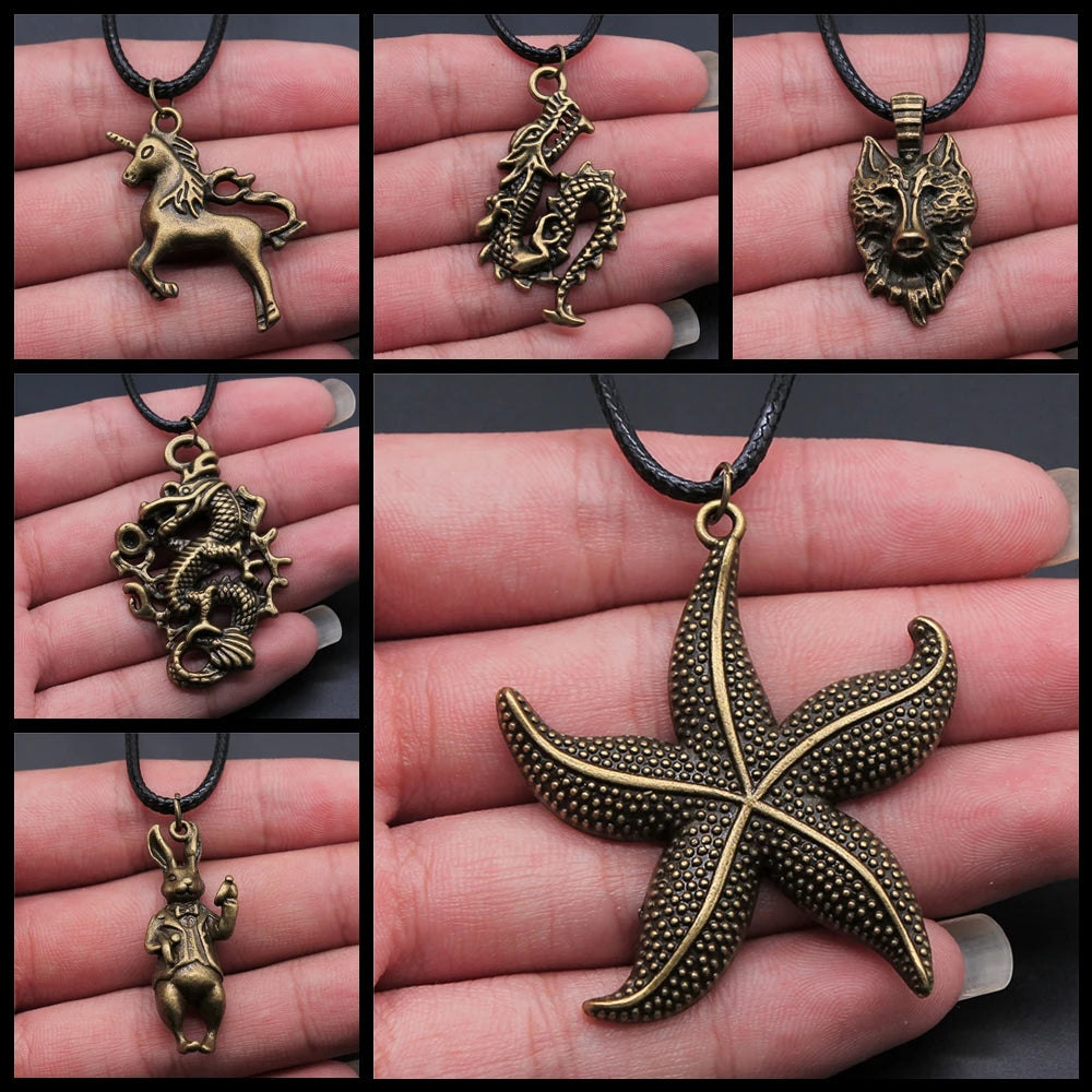 Animal Black Leather Necklace Elephant Wolf Dragon Horse Gecko Lizard Pendant Necklace For Women Men Boy Girls