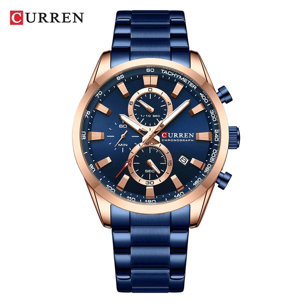 CURREN Casual Sporty Brand Stainless Steel Band Wristwatches for Men New Chronograph Quartz Watches with Date 8445