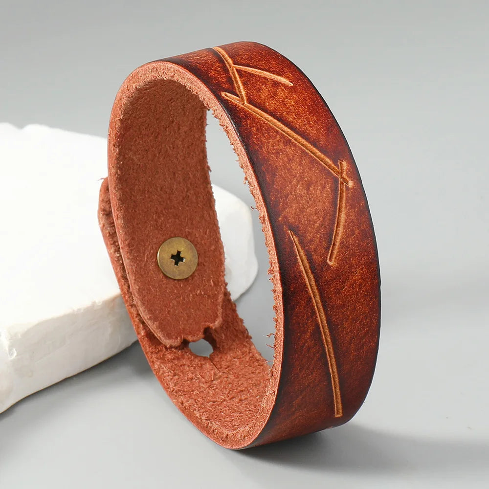 Bracelets joncs larges et ajustables en cuir de vachette vintage MKENDN pour hommes et femmes