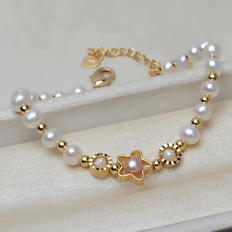 14K Gold Plated  Real Natural Freshwater Pearl Fashion Bracelet Ladies Elegant Bracelet Jewelry Girlfriend Birthday Wedding Gift