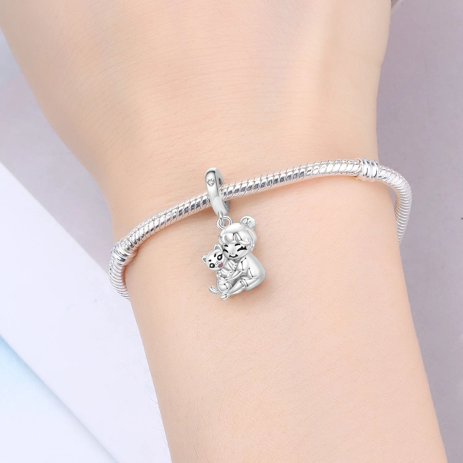 PANPOKI 925 Sterling Silver Cat Hug Animal Pet Beads Original Pendants Bracelet Charm Jewelry Party DIY Trendy Gifts