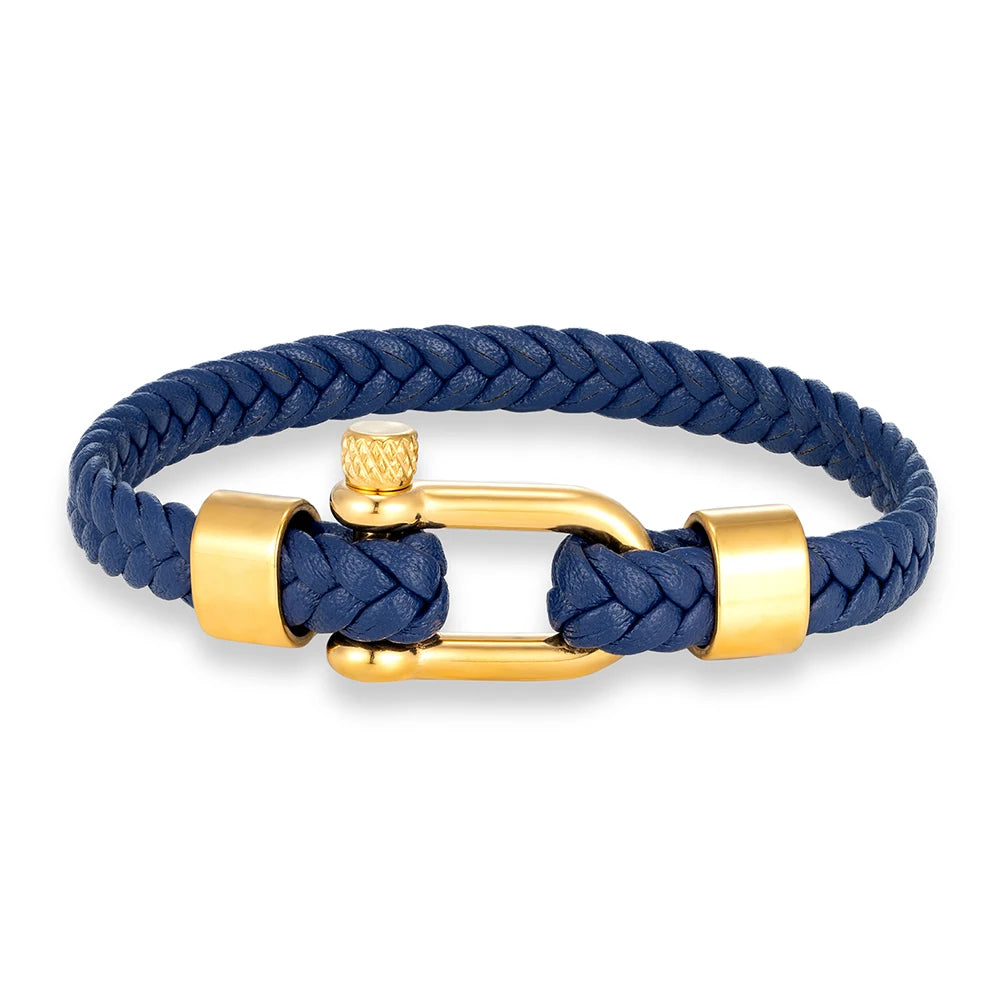 MKENDN Punk Gold Plated Stainless Steel U-shape Shackle Bucklae Bracelets Black Blue Braided Leather Bracelet Homme Pulseras