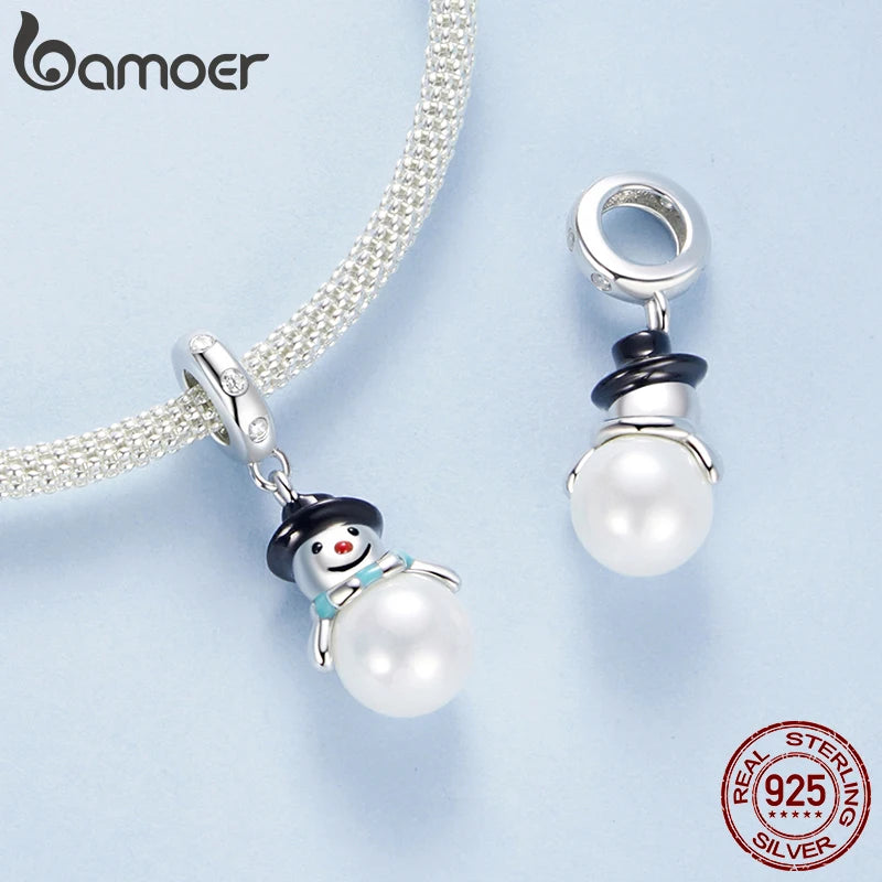 BAMOER Solid 925 Sterling Silver Pearl Snowman Pendant Bead fit Original Bracelet & Necklaces Jewelry DIY bamoer Charm BSC1071