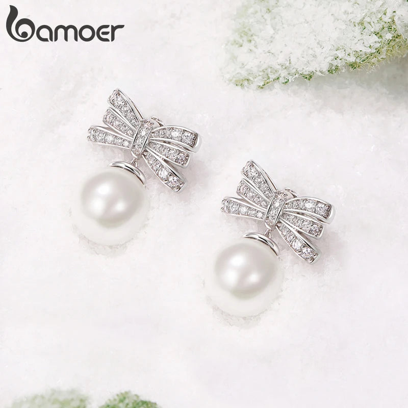 BAMOER Schleifen-Ohrringe für Damen, trendige, weißvergoldete Perlen-Ohrhänger mit Schleife, Ohrstecker für Hochzeit, Party, Alltag, Schmuck, Geschenke