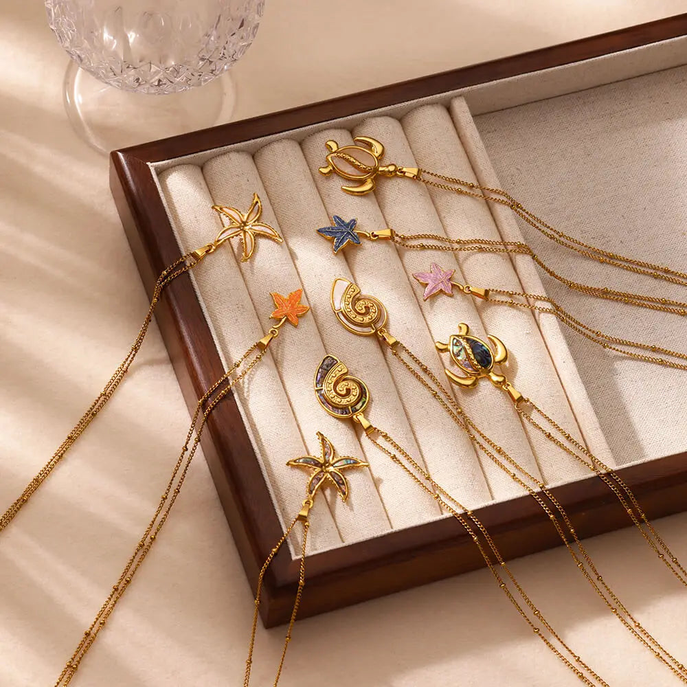 2024 Trendy Summer Ocean Series Jewelry Gold Color Starfish Turtle Conch Necklace For Women Waterproof Stainless Steel Jewelry ﻿