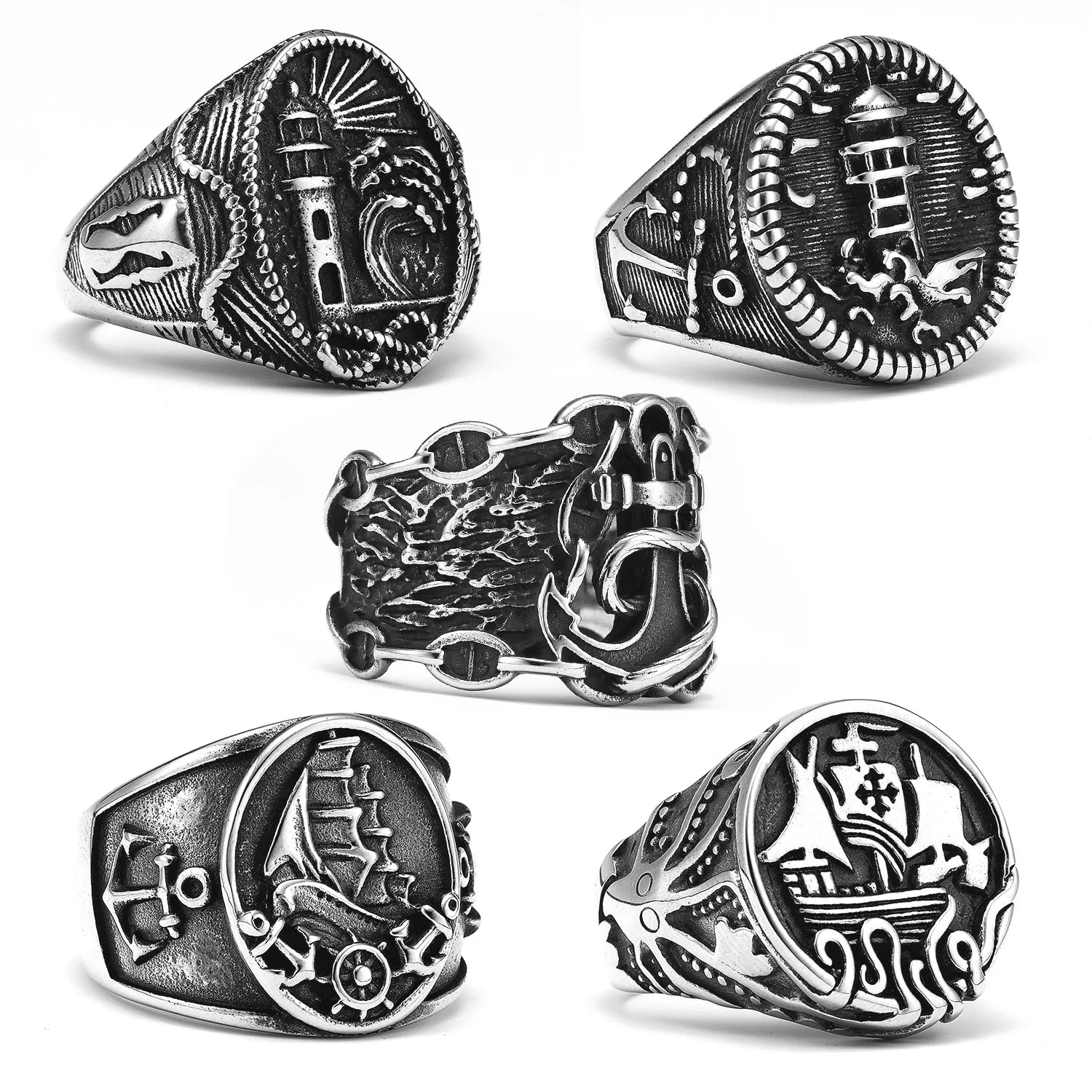 Vintage Anchor / Lighthouse / Ship Mens Rings