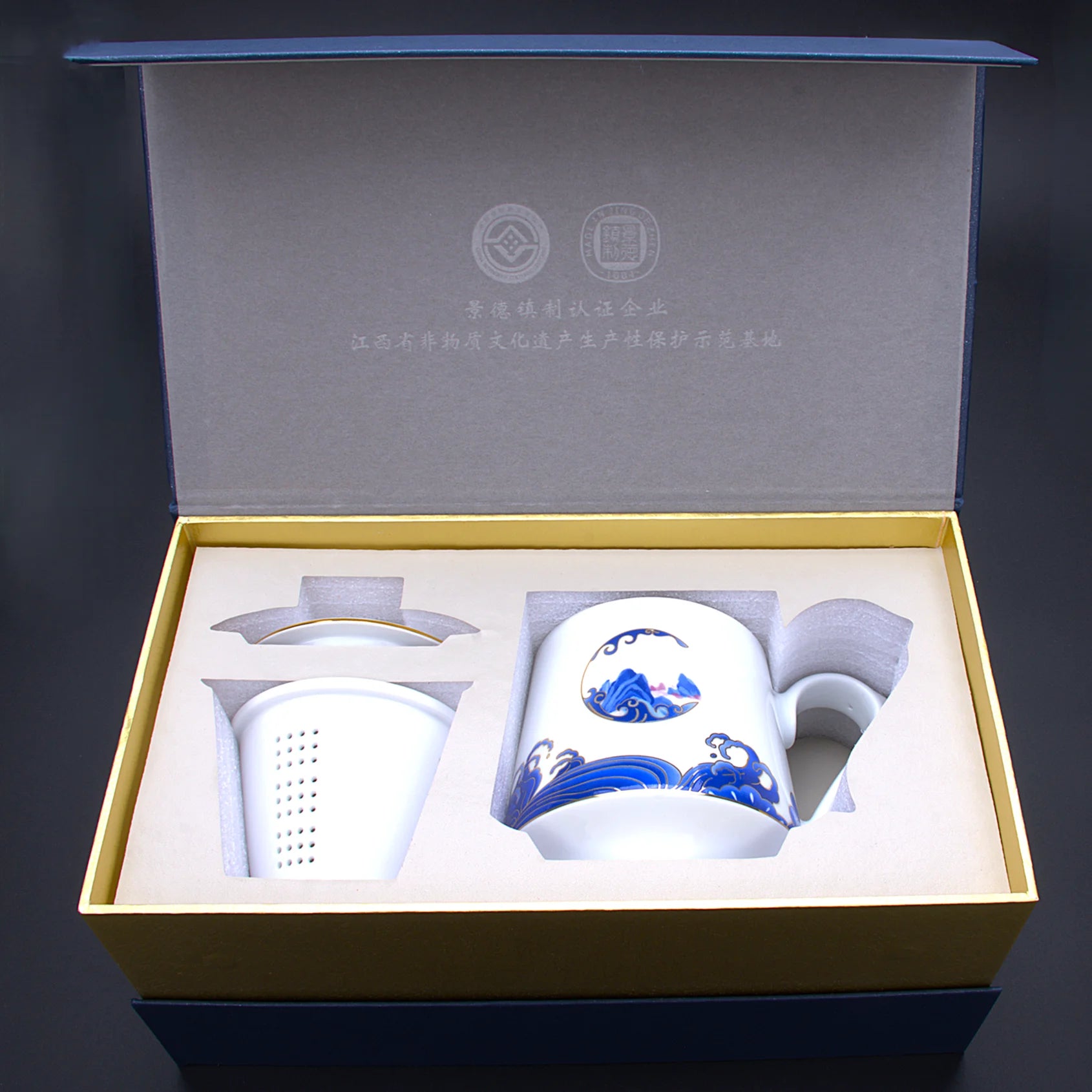 LIANHUA POTTERY Linglong Porcelain Mug with Tea Strainer Handcrafted Pierced Golden Koi and Blue Wave Cup Luxury Anniversar Gift