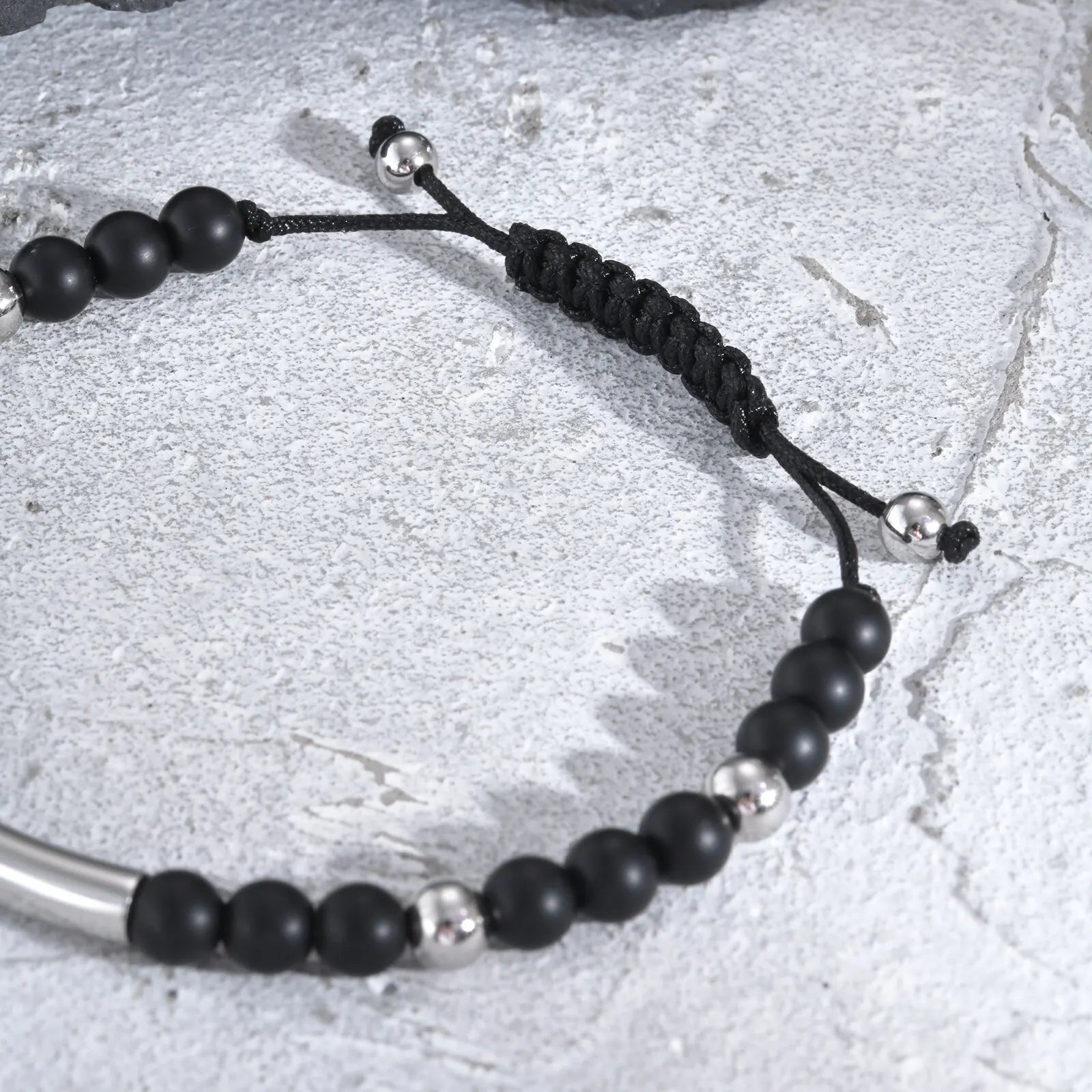 Vnox Free Engrave Words Stainless Steel Bangles, Black Natural Beads Beaded Bracelets, Adjustable Mens Wristband Gift