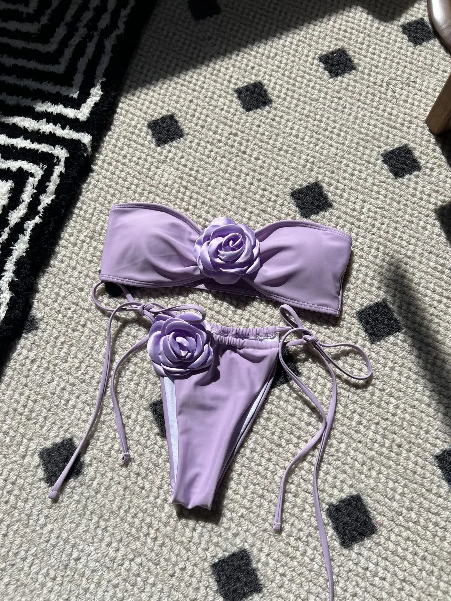 2025 New Solid Rose Bra with Drawstring Strap Split Swimsuit Bikini 9150