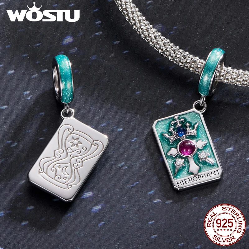 WOSTU 925 Sterling Silver Tarot Card Charm Pendant For Women Multi Color S925 DIY Beads Fit Original Bracele Neck Jewelry Making