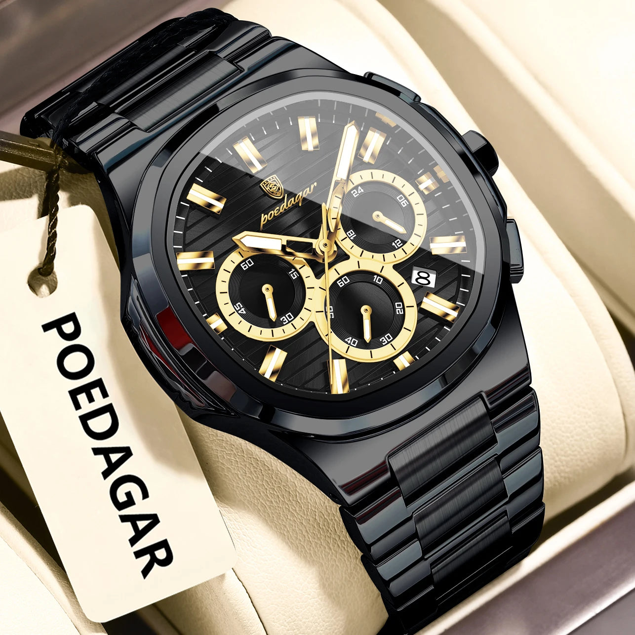 POEDAGAR Business Man Wristwatch Date Chronograph Waterproof Luminous Luxury Men Watch Stainless Steel Quartz Men's Watches Male - Madeinsea©