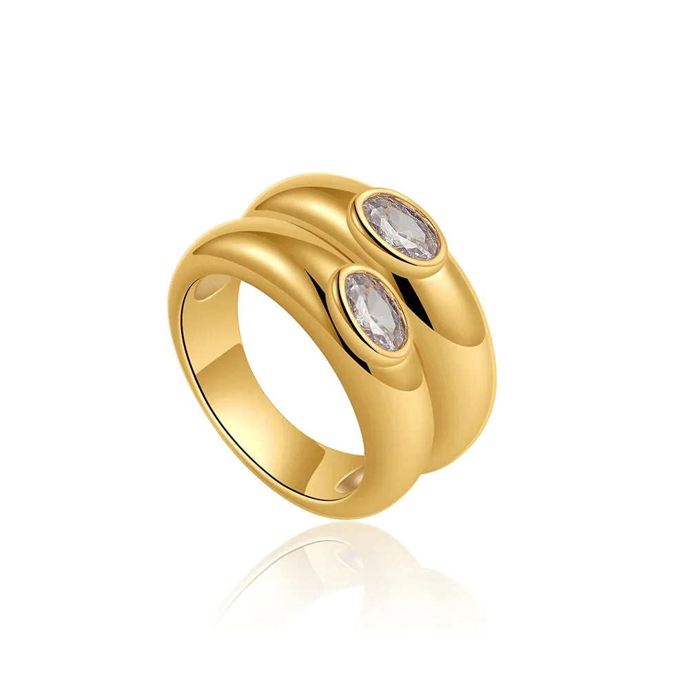 Vintage Double Round Circle Polished Gold Plated Zircon Knuckle Ring Anti Allergic Metal Stainless Steel Teardrop Crystal Rings