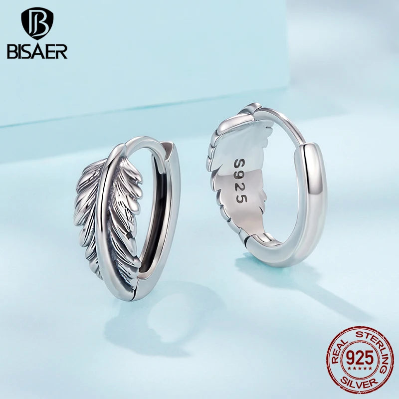 BISAER Real 925 Sterling Silver Retro Leaves Hoop Earrings Classic Hypoallergenic Earrings for Women & Girls Party Fine Jewelry