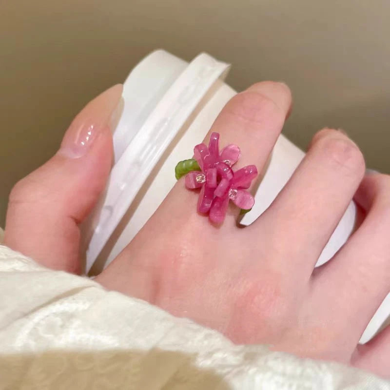 New Romantic Cute Violet Flower Ring For Women Sweet Floral Elastic Beaded Finger Ring Girls Party Festival Jewelry Accessories