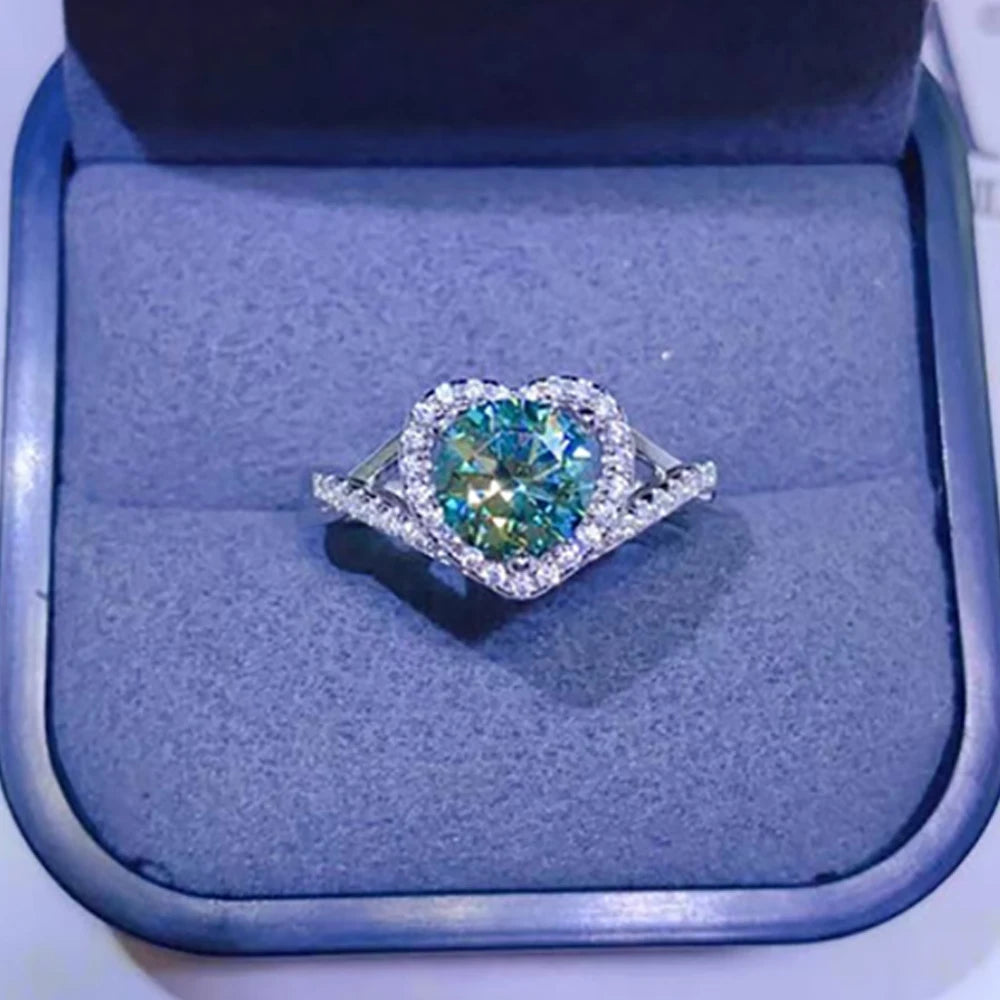 Serenity 1ct Heart Cut Green Moissanite Rings for Women Wedding Bridal 100% Sterling Silver Plated 18K Eternity Ring Jewelry GRA