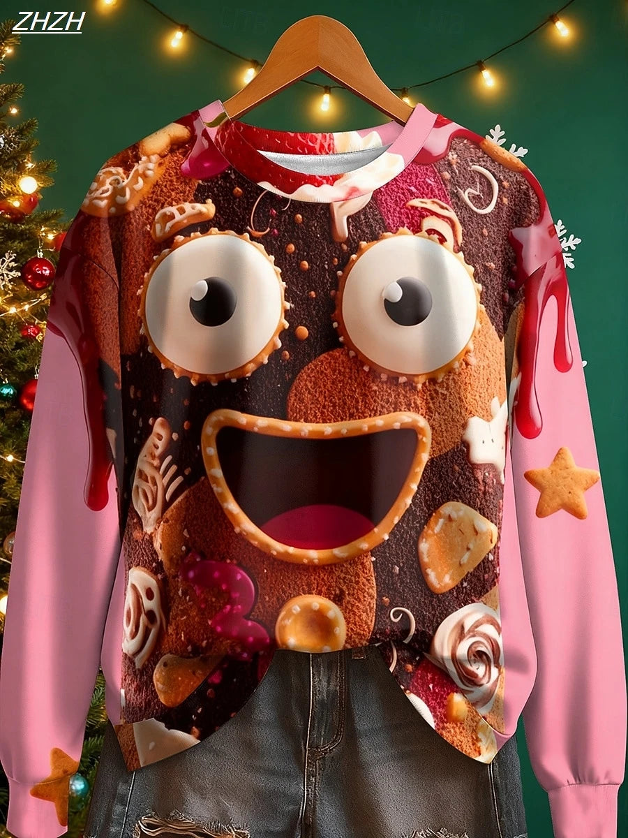 2025 Women's Christmas Face Print Sweatshirt, Holiday Home Wear, Festive Street Style, Fall Winter Casual Crewneck Pullover