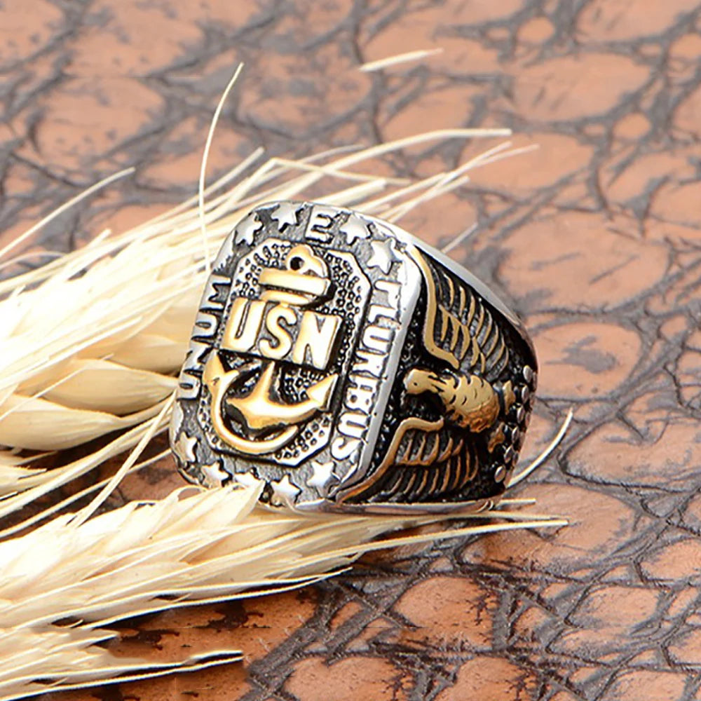 New Vintage Stainless Steel US Navy USN Eagle Anchor Rings for Men Hip Hop Gold Color Signet Ring Amulet Jewelry