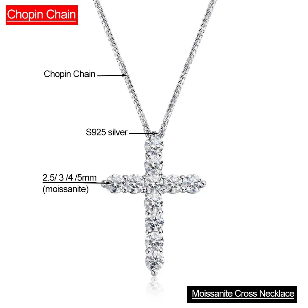 Serenity 5mm D Color Moissanite Cross Necklace for Women Men Gift 100% 925 Sterling Silver Chopin Chain Pendant Necklace Jewelry