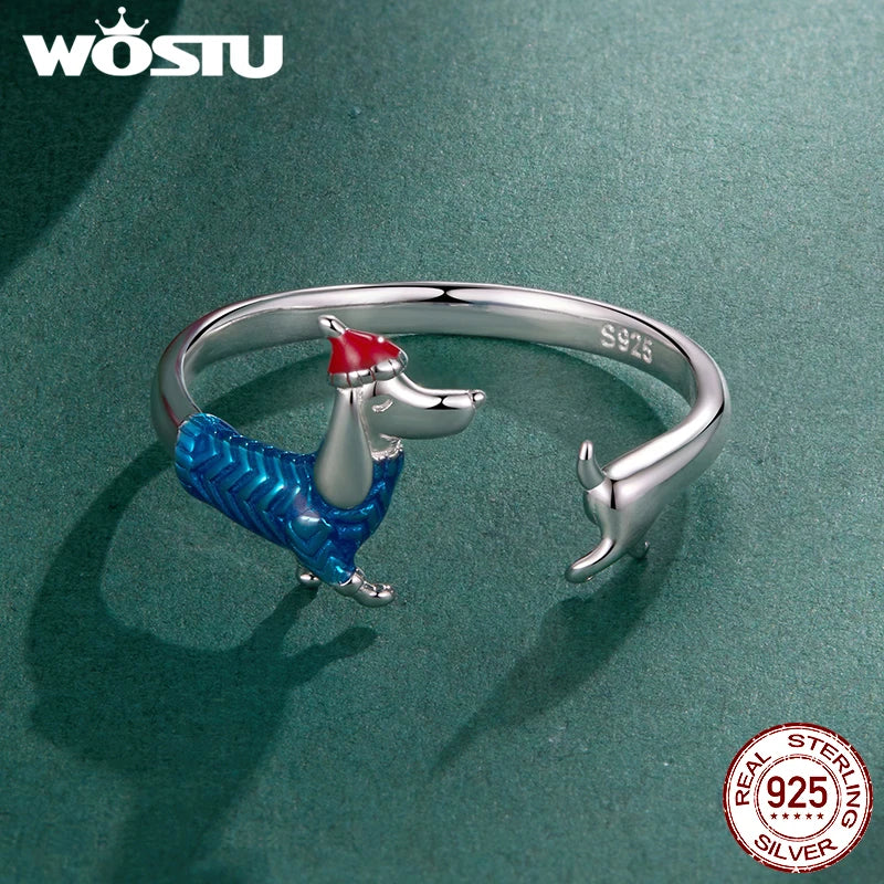 WOSTU 925 Sterling Silver Dachshund Dog Open Ring With Christmas Hat, 925 Sterling Silver Pet Animal Unique Xmas Gift For Her