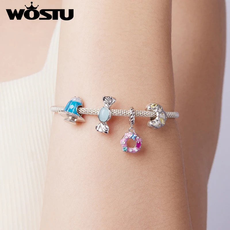 WOSTU 925 Sterling Silver Donut Pendant Sweet Candy Charm Pudding Food Cute Original Fit for Women Girl Bracelet Fine Jewelry