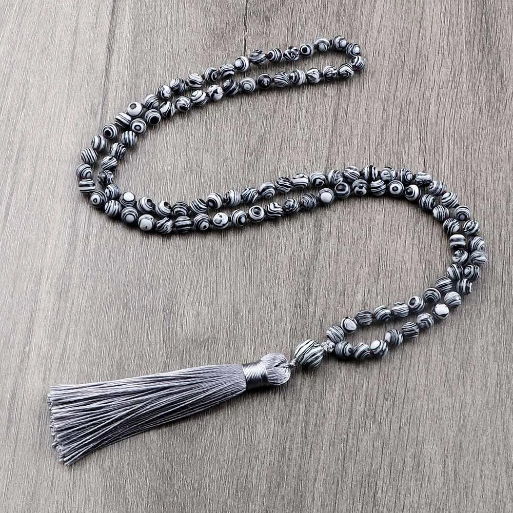 108 Mala Beaded Tassel Necklace Tiger Eyes Turquesa Meditation Yoga Jewelry Women Malachite Bohemian Ethnic Amazonite Necklace
