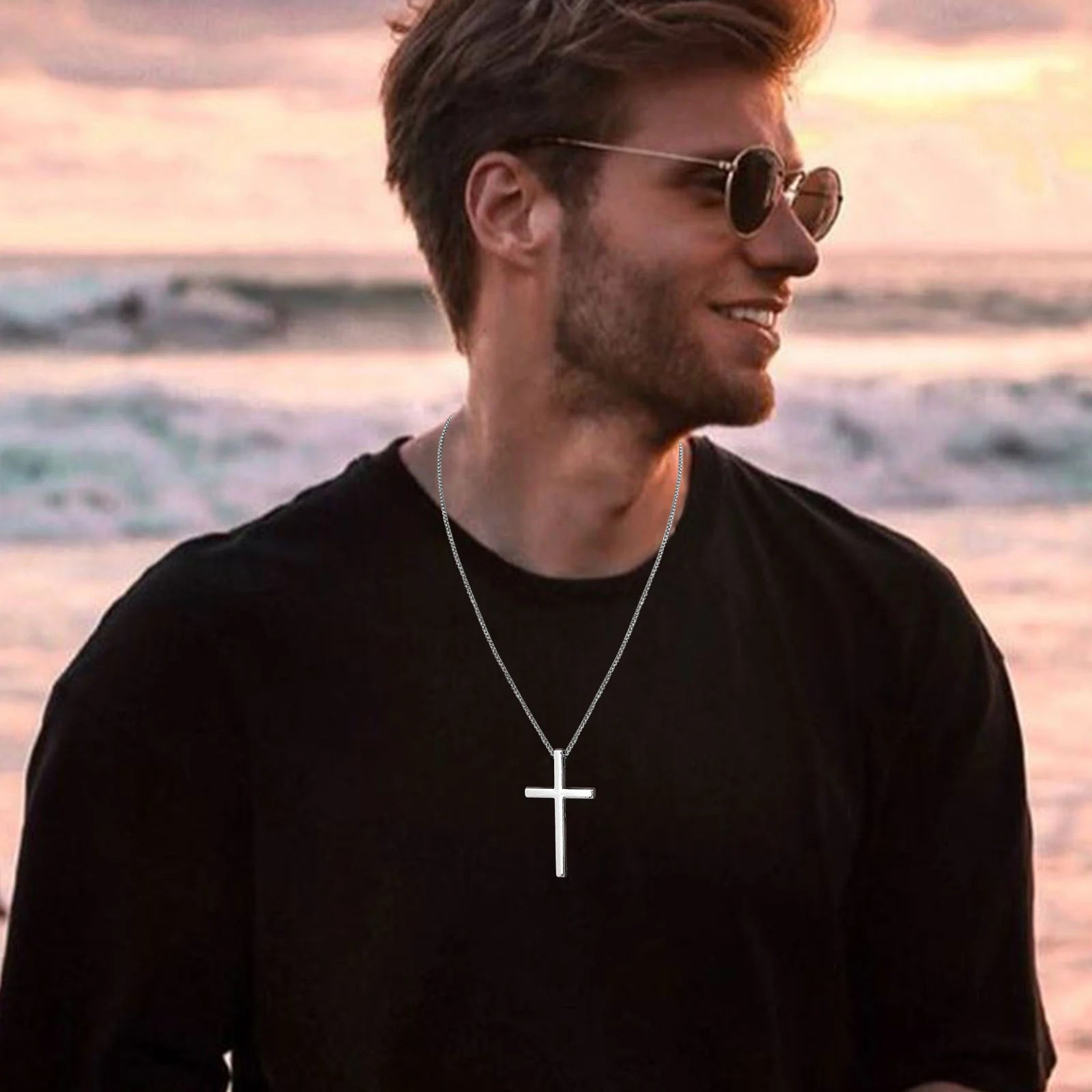 Vnox Unisex Box Chain Cross Necklaces, Men Women Stainless Steel Chain with Alloy Cross Pendant, Religious Faith Cross Necklace - Madeinsea©