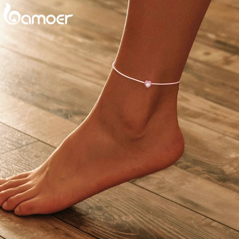 Bamoer Einfaches Design Herz Silber Fußkettchen für Frauen Sterling Silber 925 Armband für Knöchel und Bein Mode Fuß Schmuck SCT022