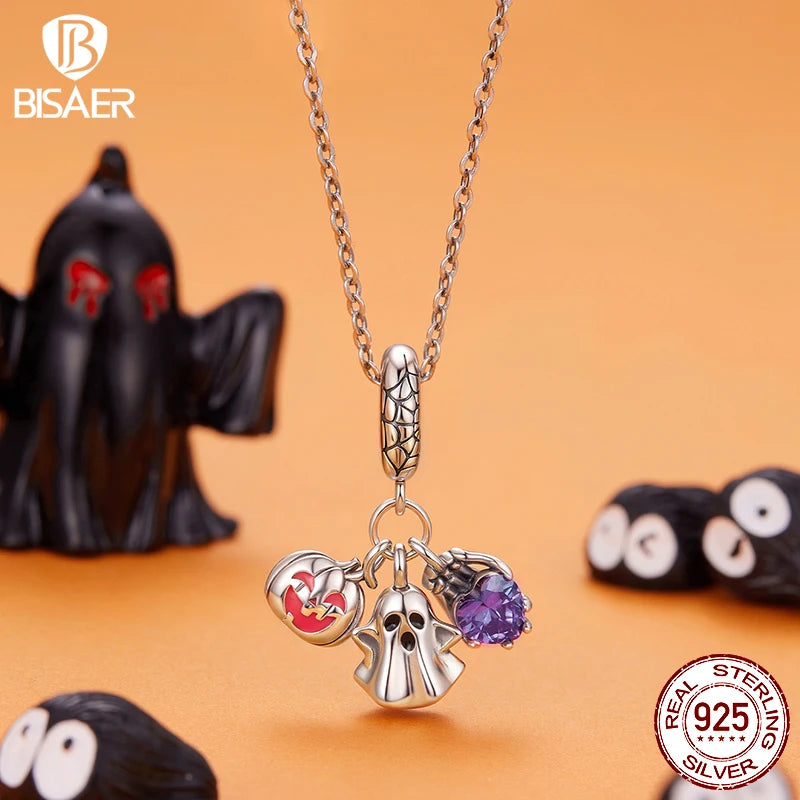 BISAER 925 Sterling Silver Halloween Skull & Pumpkin Charm Bead Pumpkin Cat Magic Crystal Pendant for Women DIY Bracelet Jewelry