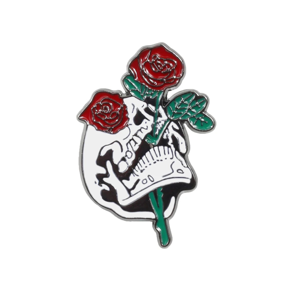 More Styles Halloween Day Punk Skeleton Enamel Pin Women Men Rose Flower Skull Brooches Metal Jean Coat Lapel Pin Badge Jewelry