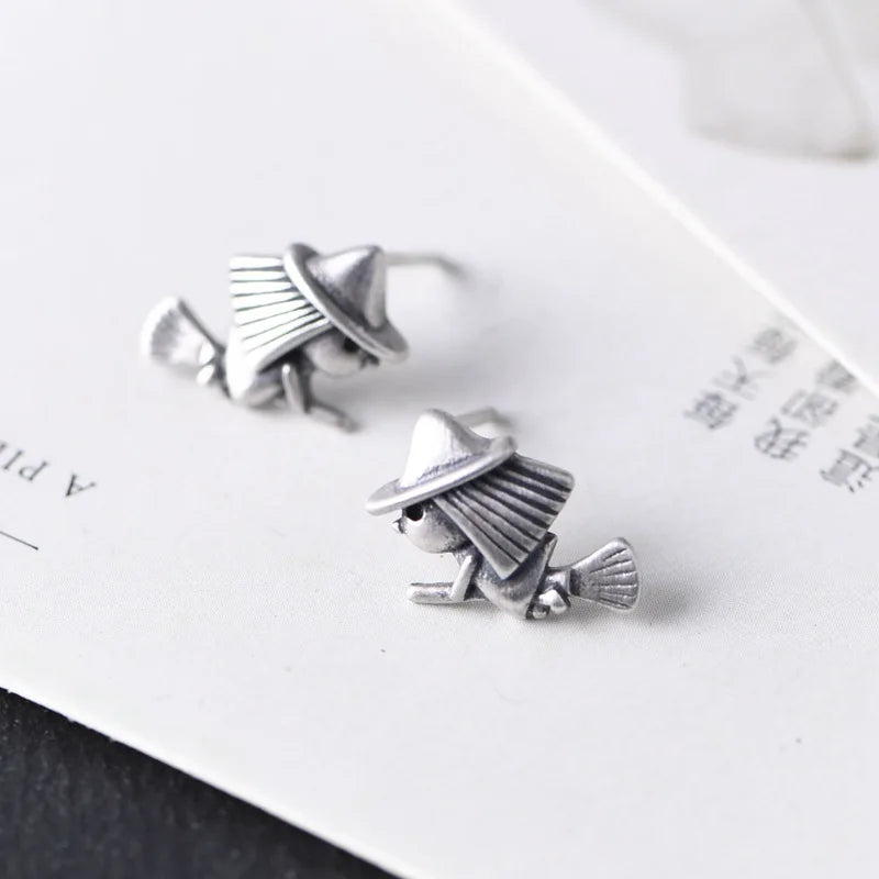 MKENDN Real 925 Sterling Silver Creative Retro Witch Stud Earring Trendy Street Punk Style Ear Pin for Men Women Fine Jewelry