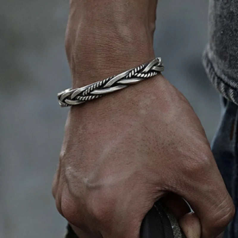Vintage Silver Color Twisted Woven Bracelet Bangles for Men Thai Original Handmade Exquisite Unique Opening Bracelets Party Gift