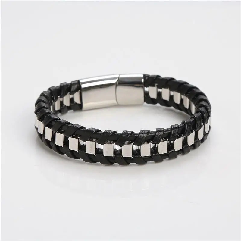 Jiayiqi Punk Men Jewelry Black Braided Leather Bracelet Stainless Steel Magnetic Clasp Fashion Bangles Wholesale Customize