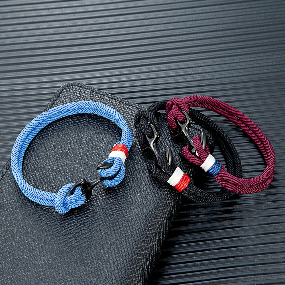 MKENDN Schwarzes Ankerarmband für Damen und Herren, zweireihiges Armband aus nautischem Seil, Sportschließe aus Edelstahl, maritimer Schmuck