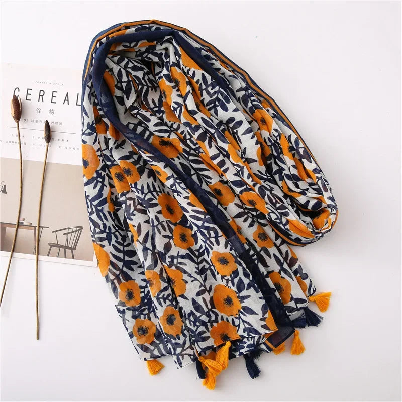 Luxury Bohe Styles Women Viscose Scarf Designer Shawl Tassel Pashmina Muslim Hijabs Wraps Floral Foulard Headband