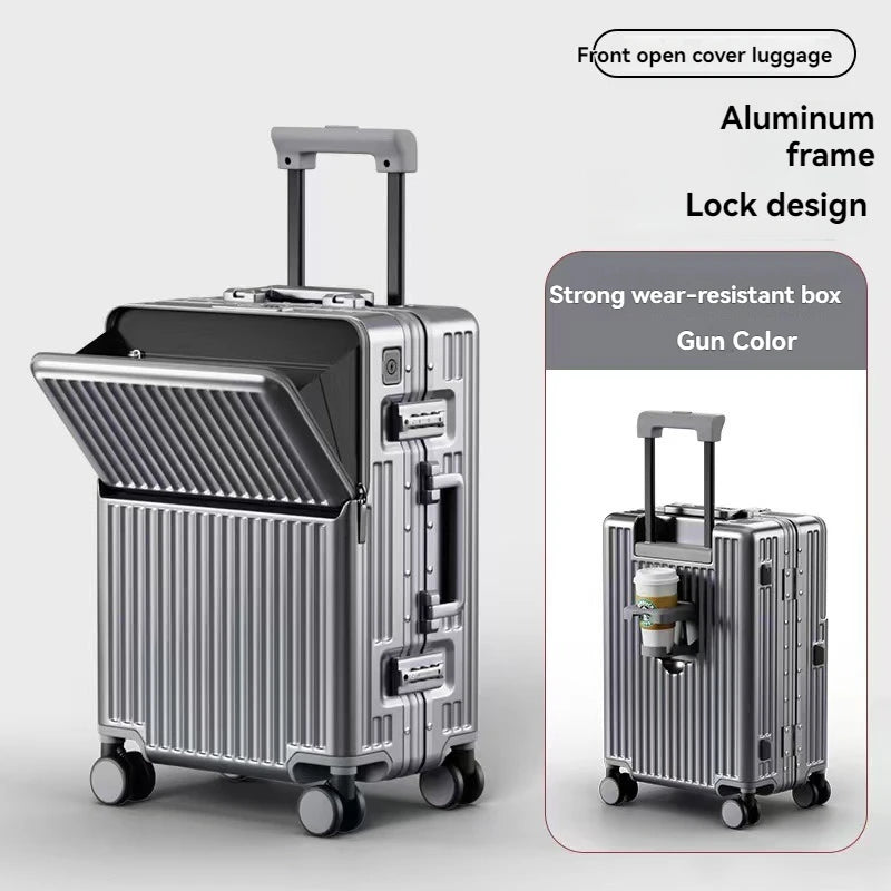 Cadre en aluminium à ouverture frontale, compartiment à bagages anti-chute de grande capacité, coffre à poignée télescopique à roues universelles de 20 pouces, coffre à bagages pour hommes de 24 pouces et