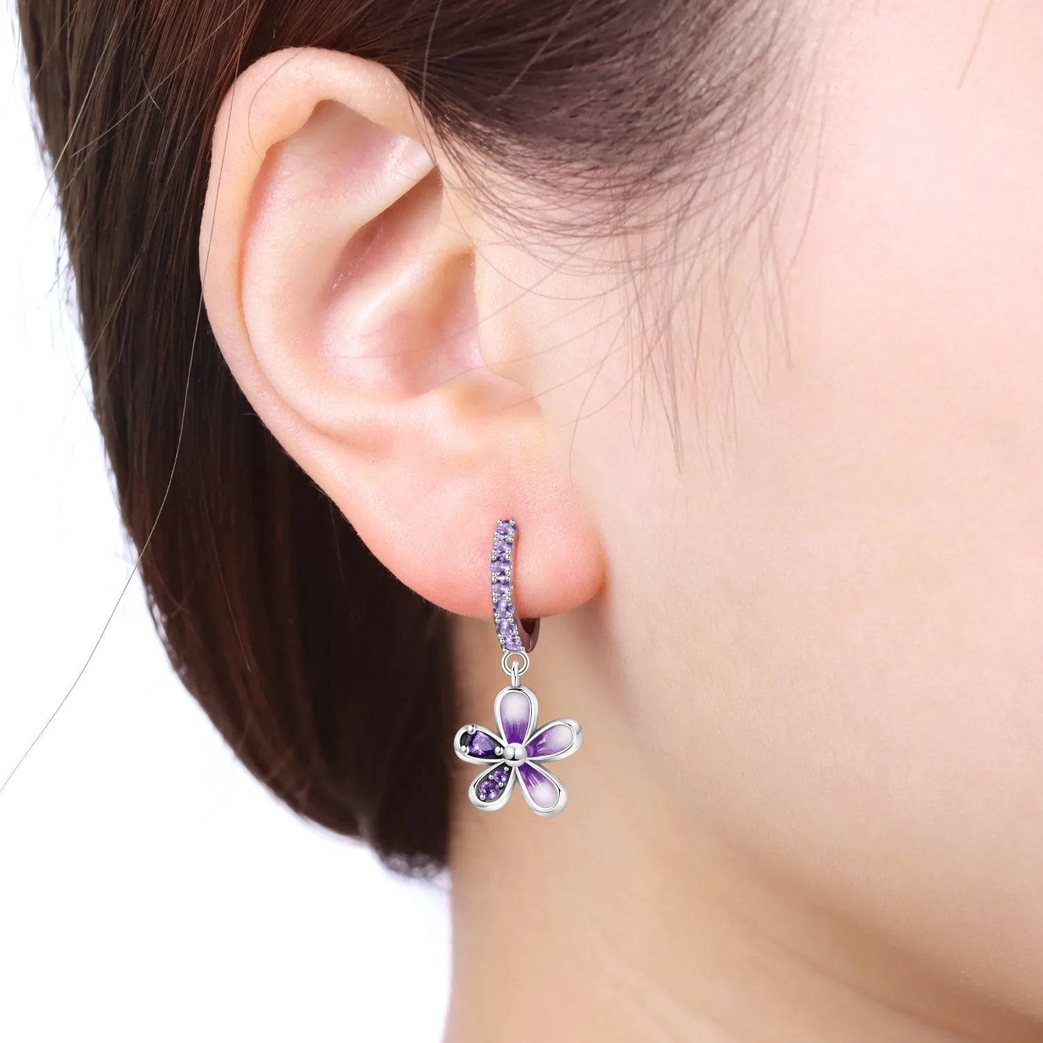 PANPOKI 925 Sterling Silver Gradient Purple Flower Drop Earrings Women Earrings Charm Fashion Versatile Party Jewelry Gifts