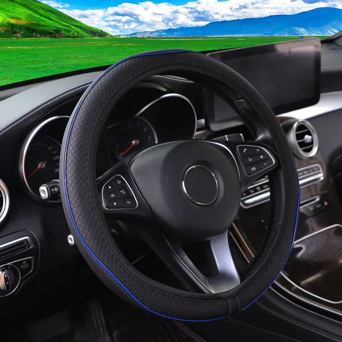 Skin Feeling Leather Color Stripe Emboweled Car without Inner Ring Steering Wheel Cover Automotive Supplies 14.5-15INCH - Madeinsea©