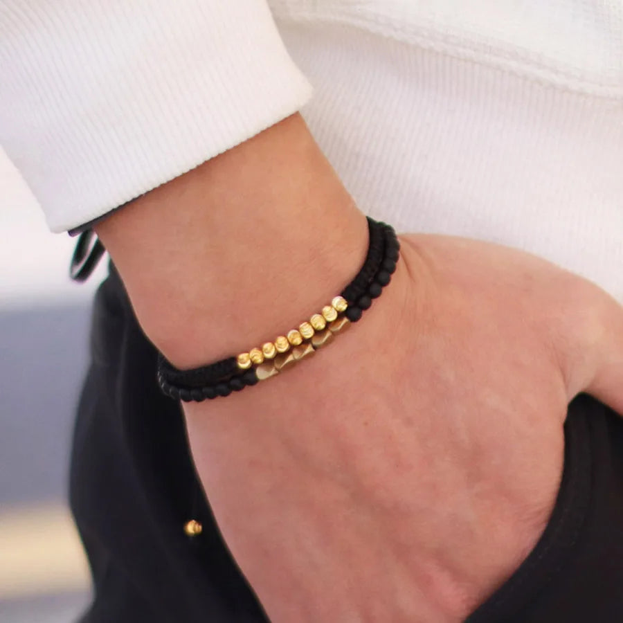 2Pcs Bracelet Set For Men Irregular Gold Color Beads Handmade Braided Good Luck String Braclet Father Day Gift Casual Pulseria