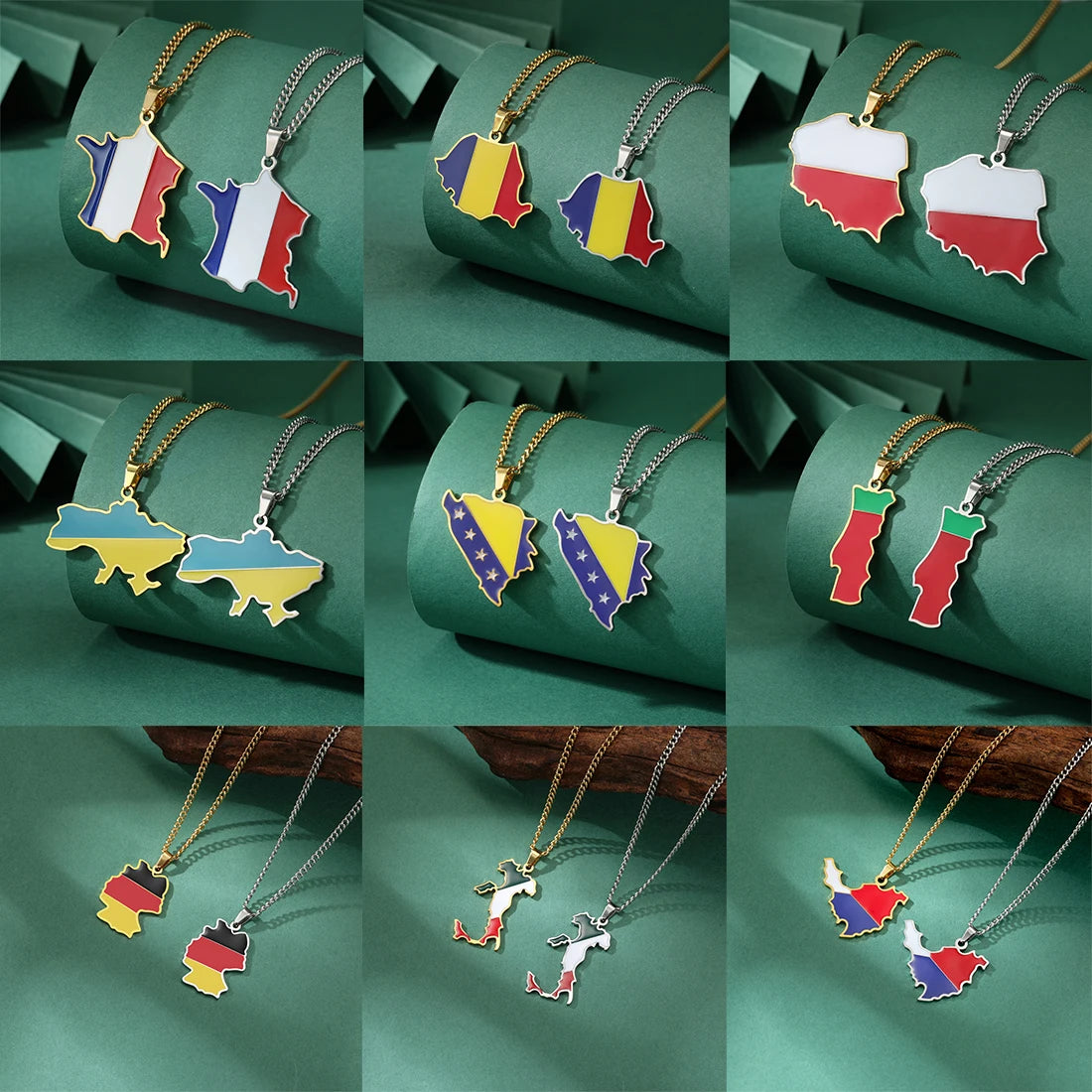 EUEAVAN European Country Map Necklace Stainless Steel Drip Oil Poland France Portugal Romania Ukraine Italy Germany Flag Jewelry