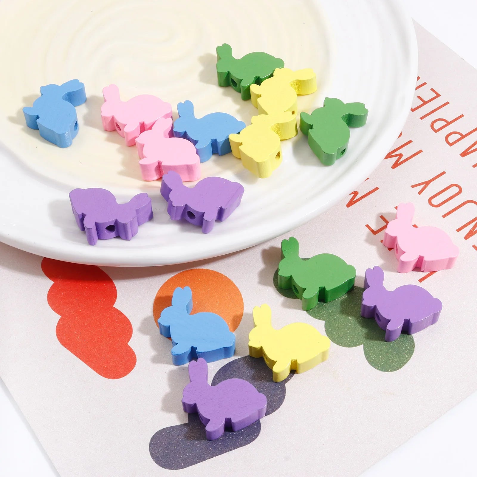 Hinoki Wood Easter Day Spacer Beads Rabbit Animal Multicolor DIY Making Bracelets Women Party Jewelry About 24mm x 24mm,10PCs
