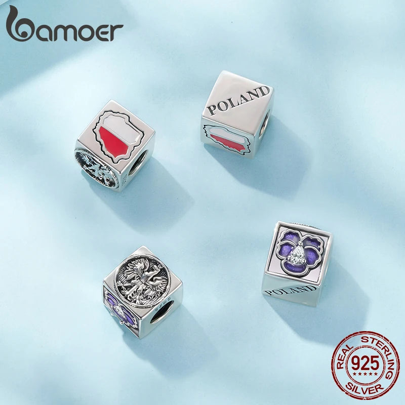 Bamoer 925 Sterling Silver World Travel Souvenir Charms Square National Beads for Women DIY Bracelet Accessories Culture Gift