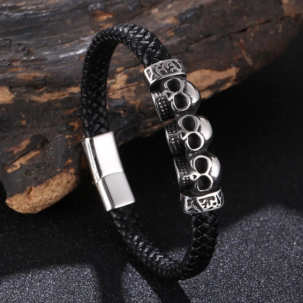 MKENDN Stainless Steel Genuine Leather Bracelet Cool Skull Skeleton Head Bangle Black Braided Viking Bracelet For Men Jewelry