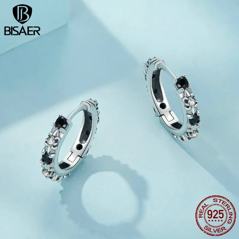 BISAER Boucles d'oreilles créoles en argent sterling 100 % 925 avec zircon noir et onyx, fleur d'iris, vintage, rondes, clip d'oreille pour femmes, bijoux de fête, cadeau