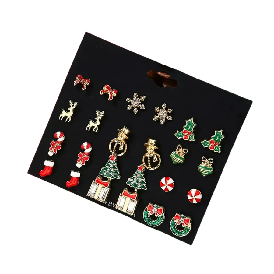 New Super Economical Earring Set 12 Pairs Per Pack Elk Snowman Socks Crutches Christmas Stud Ear Ring Pendant Casual Accessories