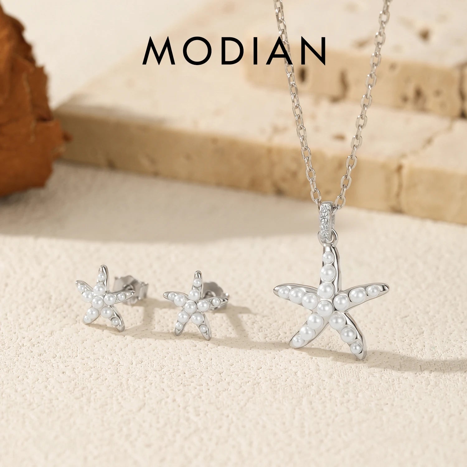 MODIAN 925 Sterling Silver Elegant Pearls Pendant Necklace Cute Starfish Stud Earrings For Women Fine Jewelry Sets