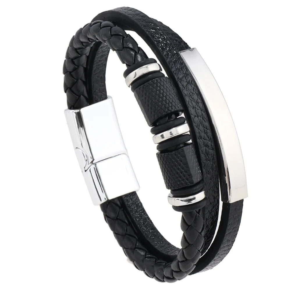 Trendy Leather Bracelets For Men Stainless Steel Bracelet 21CM Multilayer Braided Rope Bracelets for Male Jewelry Gifts - Madeinsea©