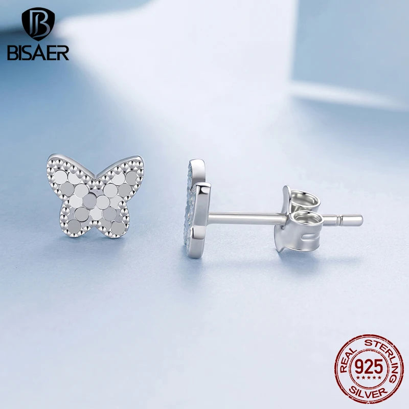 BISAER Real 925 Sterling Silver Dazzling Butterfly Stud Earrings Mini Heart Hypoallergenic Earrings for Girls Party Fine Jewelry
