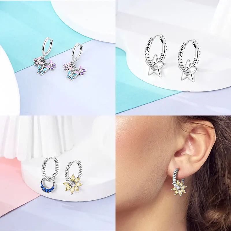 Ear Ring Series 925 Sterling Silver Star Moon Unicorn Tulip Flower Butterfly Bee Geometry Earrings Ladies Pairing with Jewelry