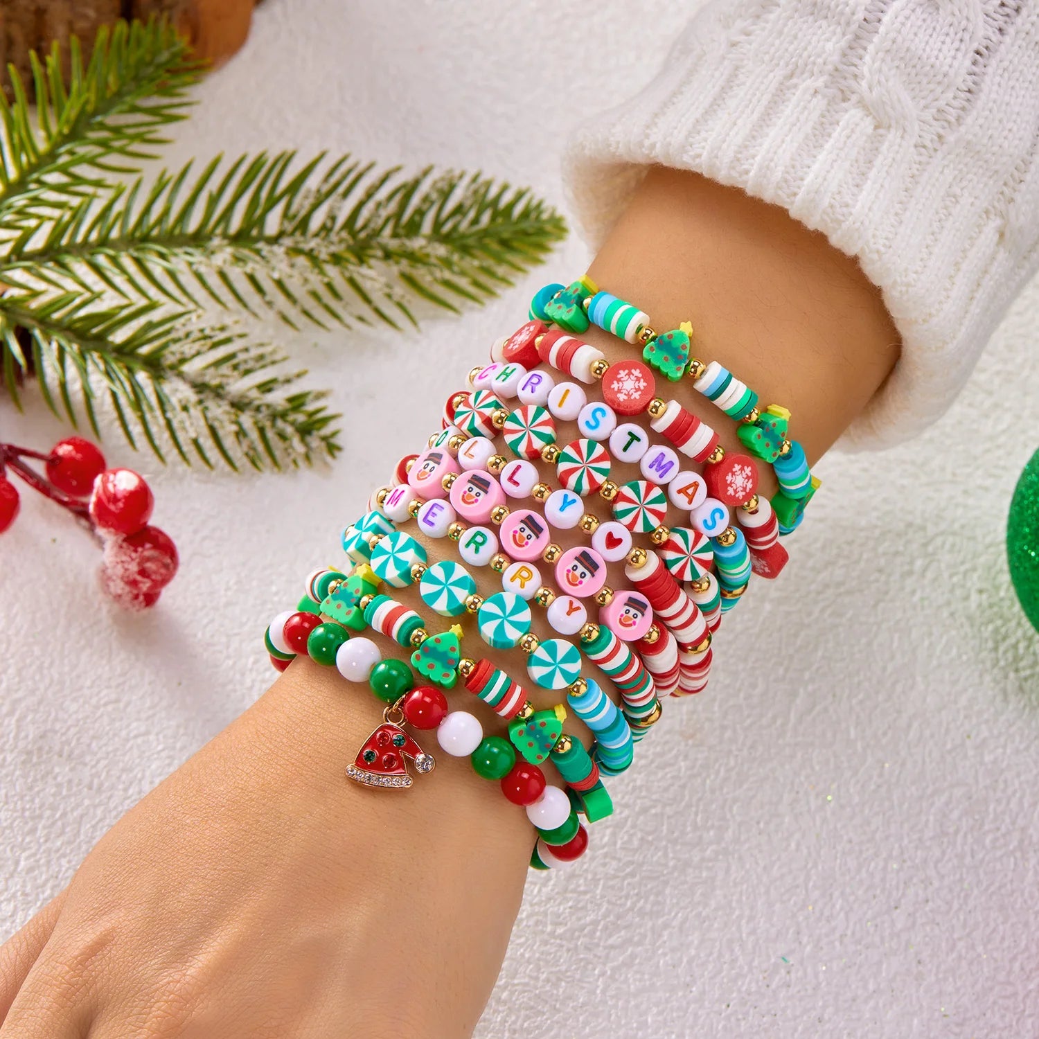 10 Pcs Christmas Crystal Beaded Stackable Bracelet For Women Santa Claus Xmas Tree Snowflake Letter Beads Bangle Party Jewelry
